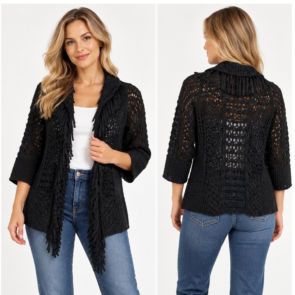 Chico's Womens Size 1 Black Fringe Open Front Mixed Knit Boho Cardigan Sweater